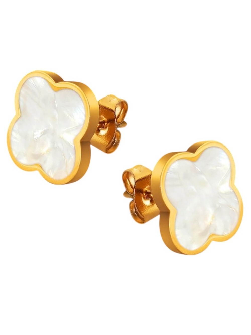 Alhambra Style Gold and White Mother-of-Pearl Clover Stud Earrings